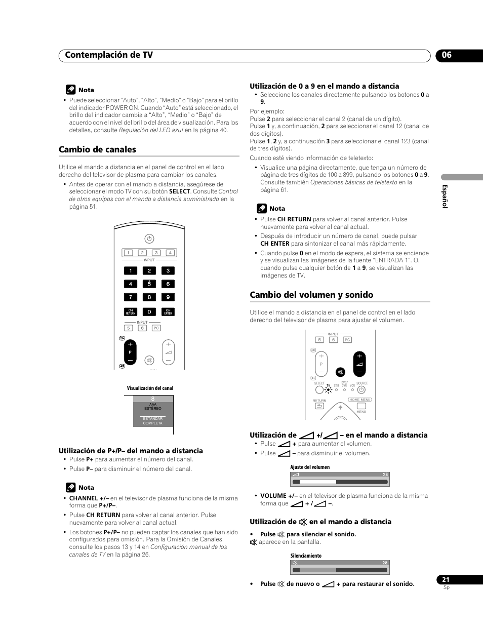 Cambio de canales cambio del volumen y sonido, Contemplación de tv 06, Cambio de canales | Cambio del volumen y sonido | Pioneer PDP-LX508G User Manual | Page 87 / 266