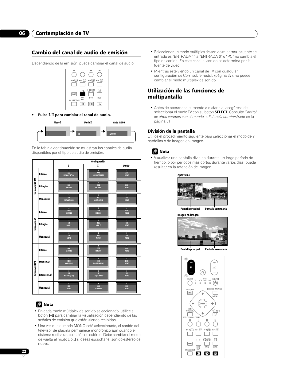 Contemplación de tv 06, Cambio del canal de audio de emisión, Utilización de las funciones de multipantalla | División de la pantalla | Pioneer PDP-LX508G User Manual | Page 88 / 266