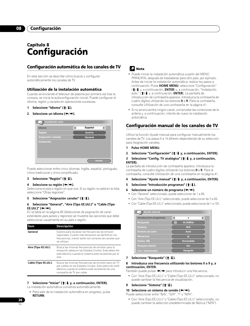 08 configuración, Configuración, Configuración 08 | Capítulo 8, Configuración automática de los canales de tv, Configuración manual de los canales de tv | Pioneer PDP-LX508G User Manual | Page 92 / 266