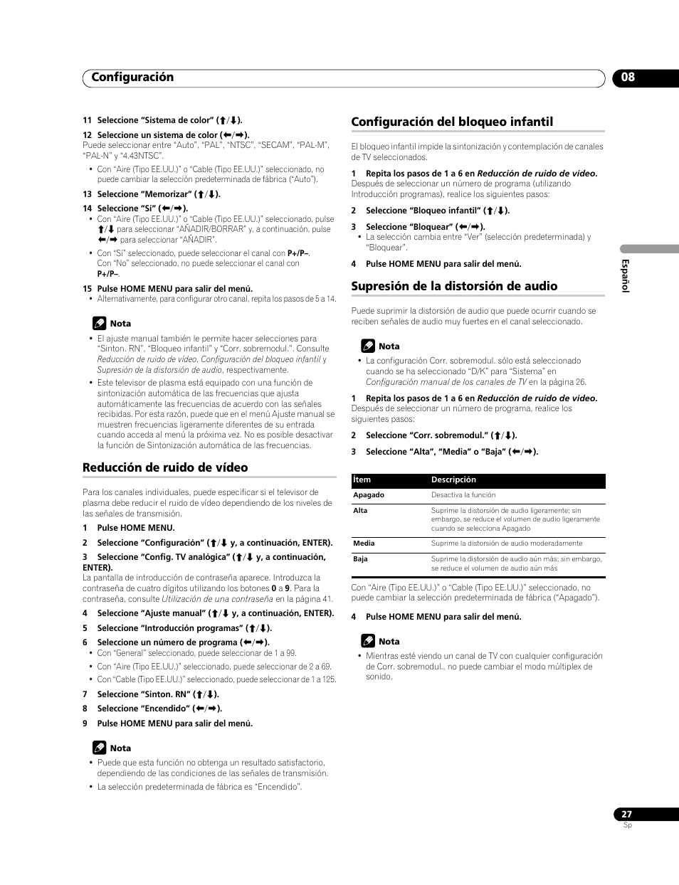 Configuración 08, Reducción de ruido de vídeo, Configuración del bloqueo infantil | Supresión de la distorsión de audio | Pioneer PDP-LX508G User Manual | Page 93 / 266