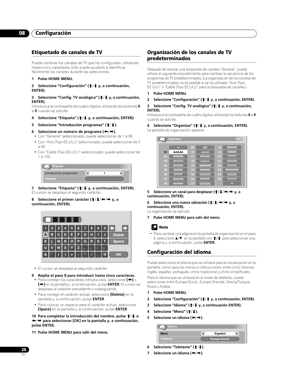 Configuración 08, Etiquetado de canales de tv, Organización de los canales de tv predeterminados | Configuración del idioma | Pioneer PDP-LX508G User Manual | Page 94 / 266