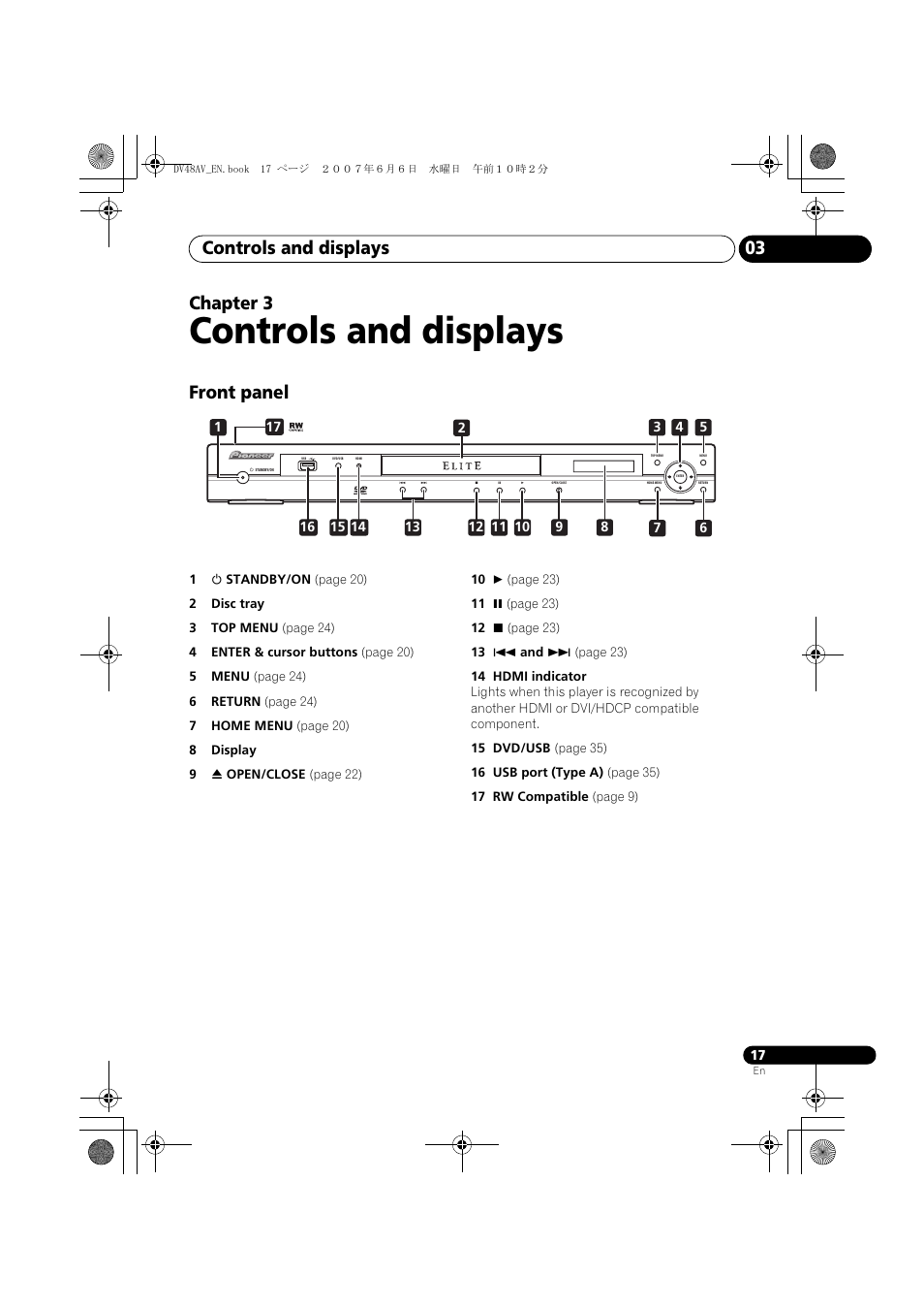 03 controls and displays, Front panel, Controls and displays | Controls and displays 03, Chapter 3 | Pioneer Elite DV-48AV User Manual | Page 17 / 63