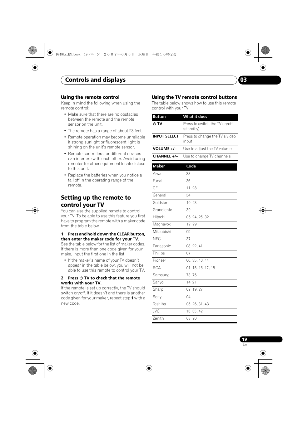 Setting up the remote to control your tv, Controls and displays 03 | Pioneer Elite DV-48AV User Manual | Page 19 / 63