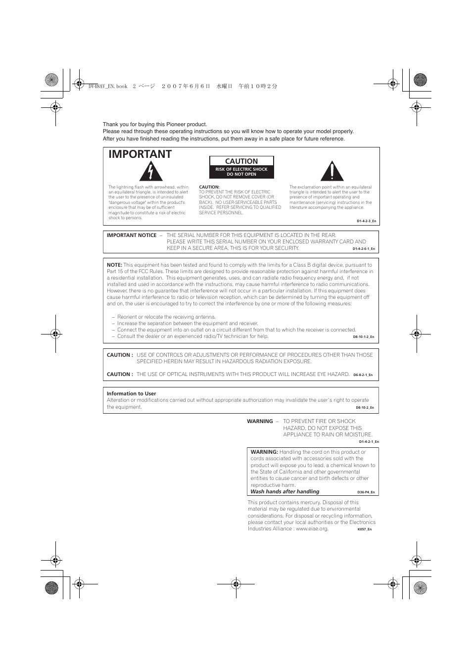 Important, Caution | Pioneer Elite DV-48AV User Manual | Page 2 / 63