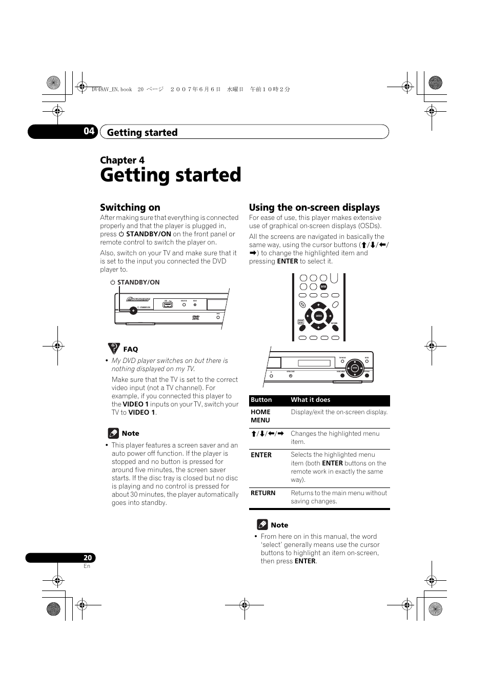 04 getting started, Switching on, Using the on-screen displays | Getting started, Getting started 04, Chapter 4 | Pioneer Elite DV-48AV User Manual | Page 20 / 63