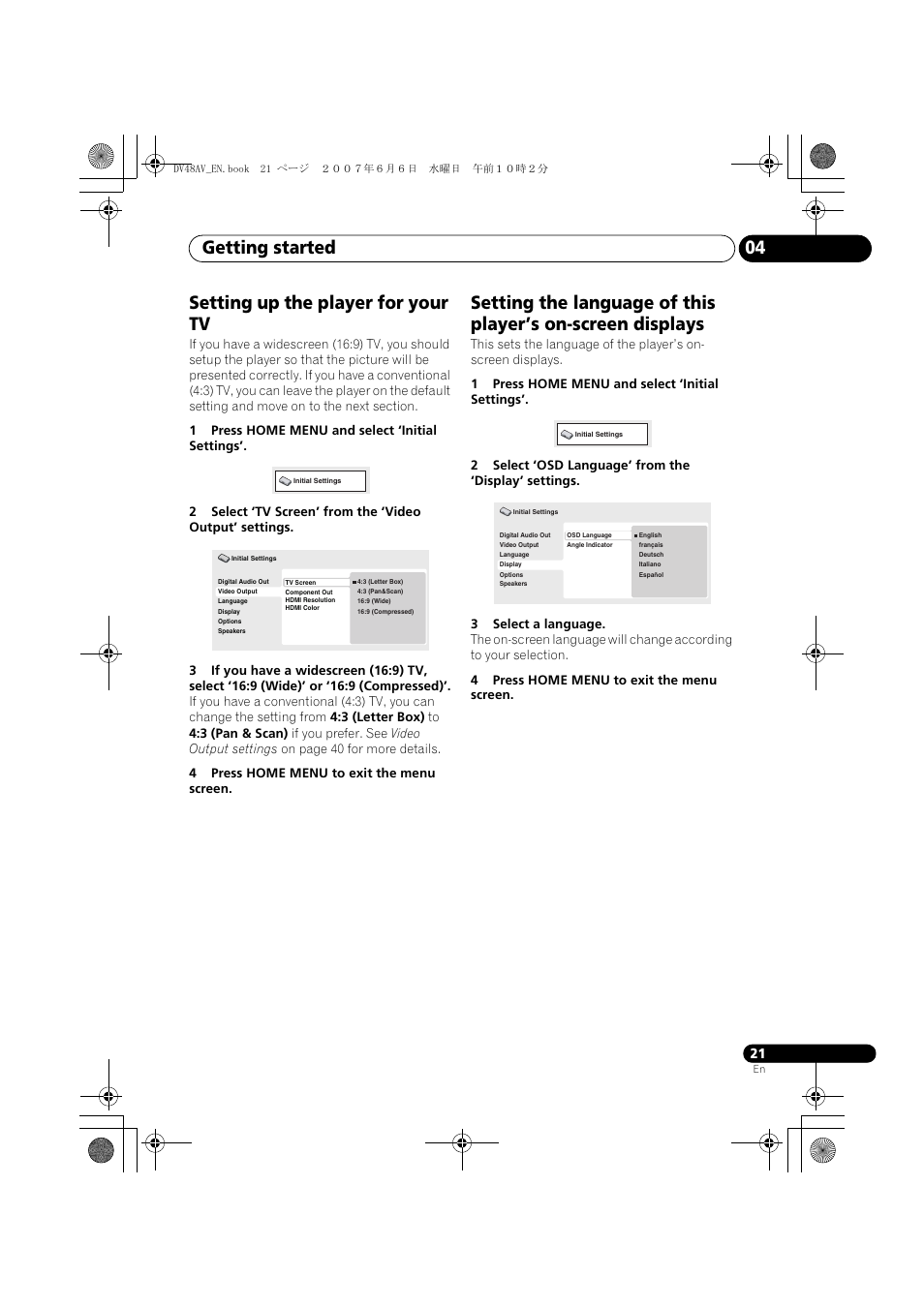 Setting up the player for your tv, Getting started 04 | Pioneer Elite DV-48AV User Manual | Page 21 / 63