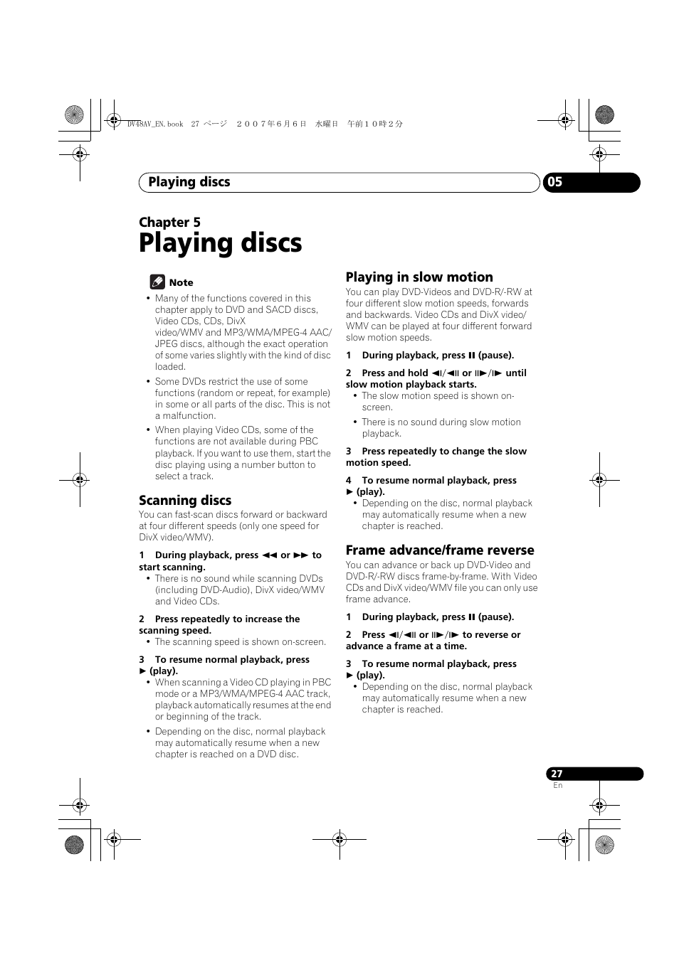 05 playing discs, Scanning discs, Playing in slow motion | Frame advance/frame reverse, Playing discs, Playing discs 05, Chapter 5 | Pioneer Elite DV-48AV User Manual | Page 27 / 63