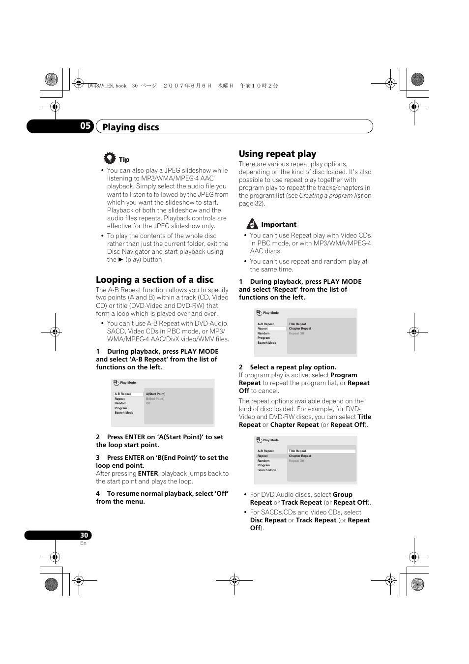 Looping a section of a disc, Using repeat play, Playing discs 05 | Pioneer Elite DV-48AV User Manual | Page 30 / 63