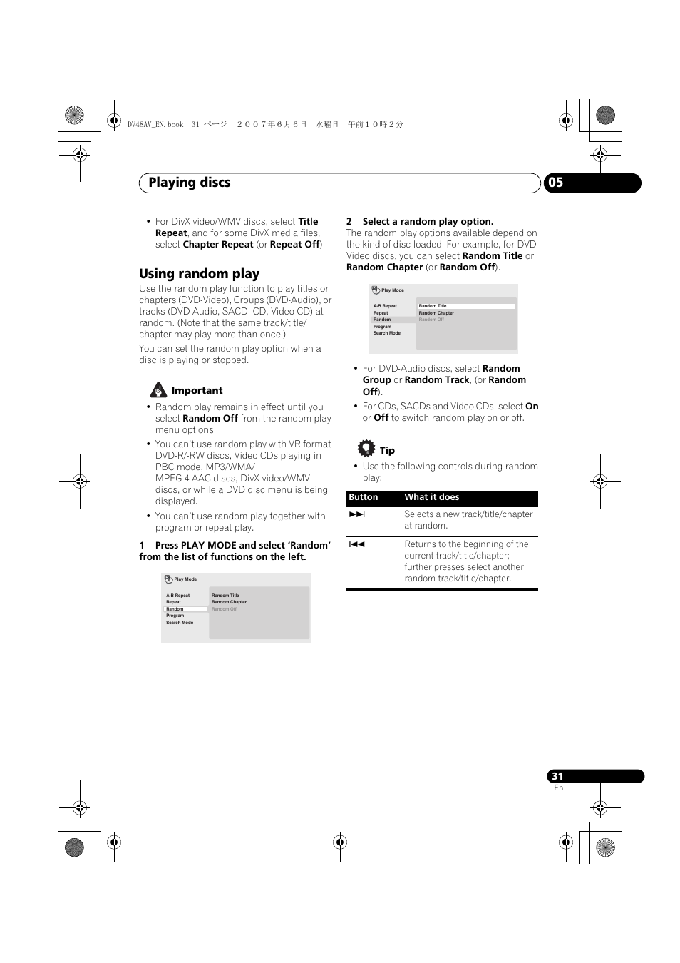 Using random play, Playing discs 05 | Pioneer Elite DV-48AV User Manual | Page 31 / 63