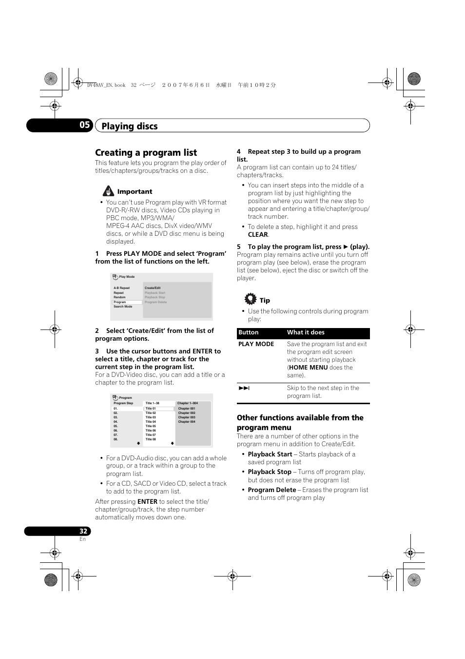 Creating a program list, Playing discs 05, Other functions available from the program menu | Pioneer Elite DV-48AV User Manual | Page 32 / 63