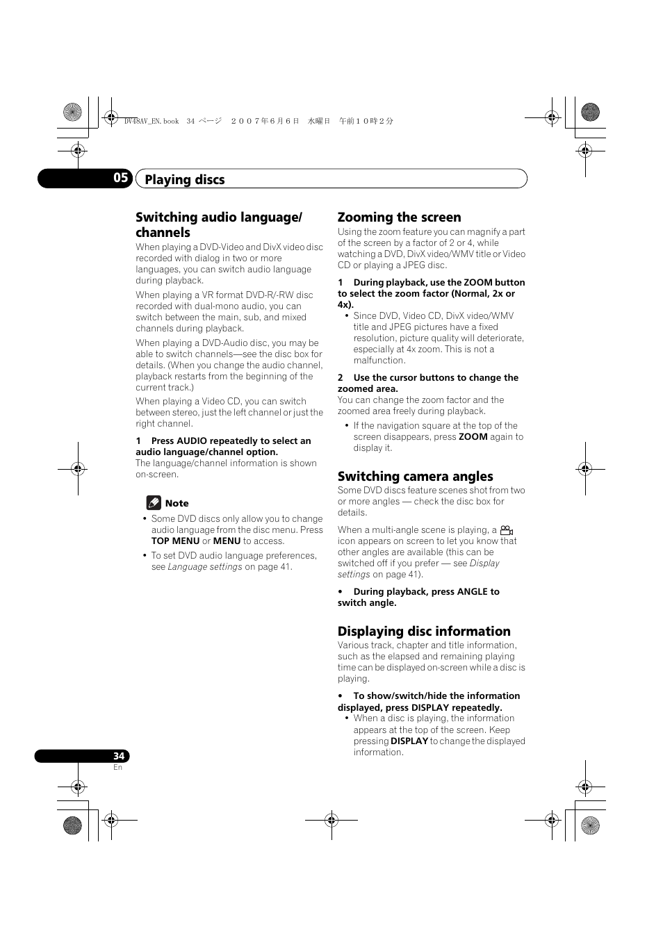 Switching audio language/channels, Zooming the screen, Switching camera angles | Displaying disc information, Playing discs 05, Switching audio language/ channels | Pioneer Elite DV-48AV User Manual | Page 34 / 63