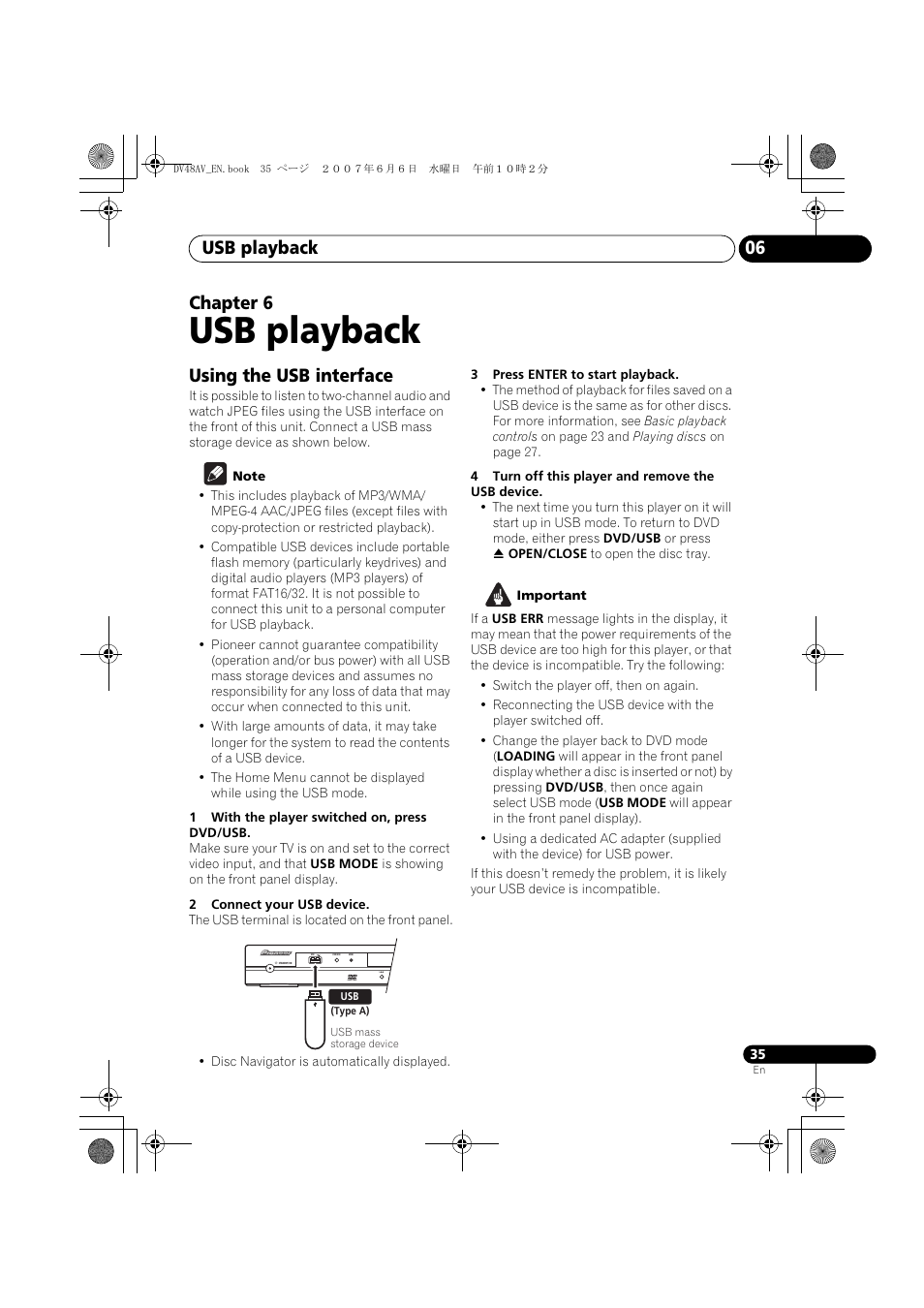06 usb playback, Using the usb interface, Usb playback | Usb playback 06, Chapter 6 | Pioneer Elite DV-48AV User Manual | Page 35 / 63