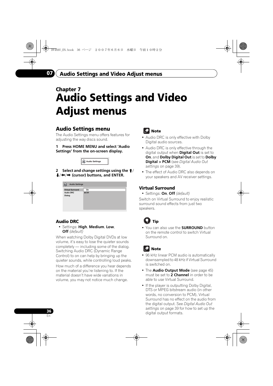 07 audio settings and video adjust menus, Audio settings menu, Audio settings and video adjust menus | Audio settings and video adjust menus 07, Chapter 7 | Pioneer Elite DV-48AV User Manual | Page 36 / 63