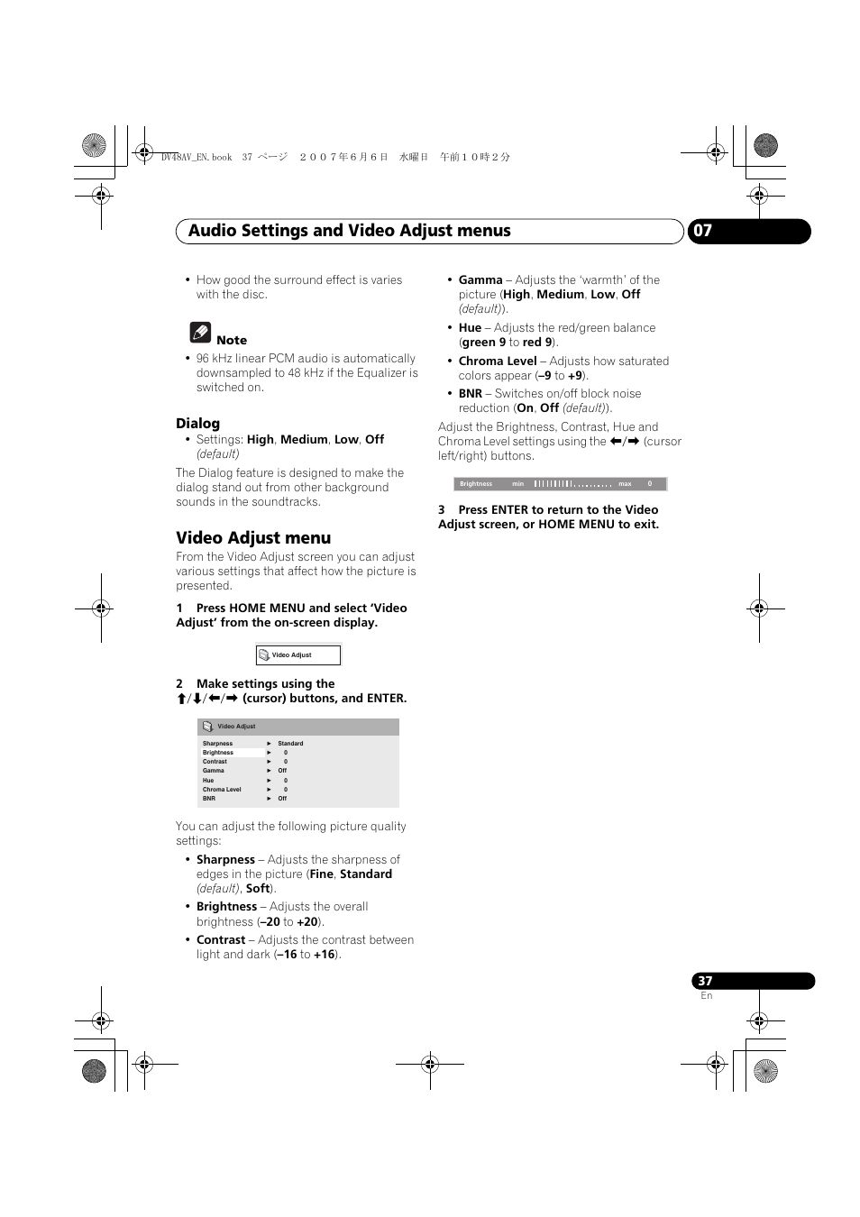 Video adjust menu, Audio settings and video adjust menus 07, Dialog | Pioneer Elite DV-48AV User Manual | Page 37 / 63