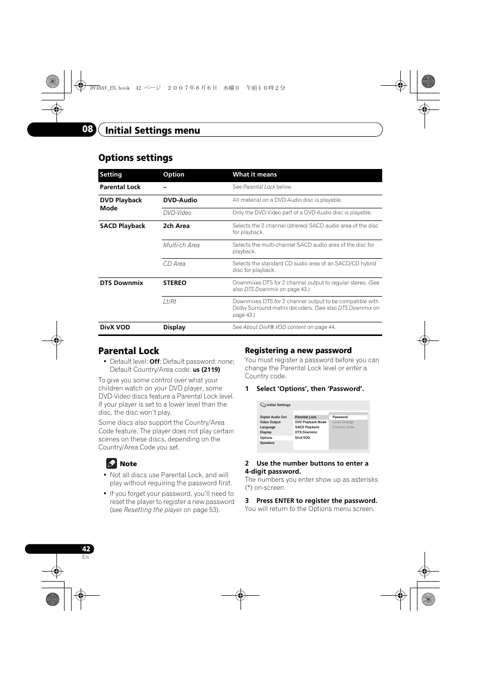 Options settings, Parental lock, Initial settings menu 08 | Options settings parental lock, Registering a new password | Pioneer Elite DV-48AV User Manual | Page 42 / 63