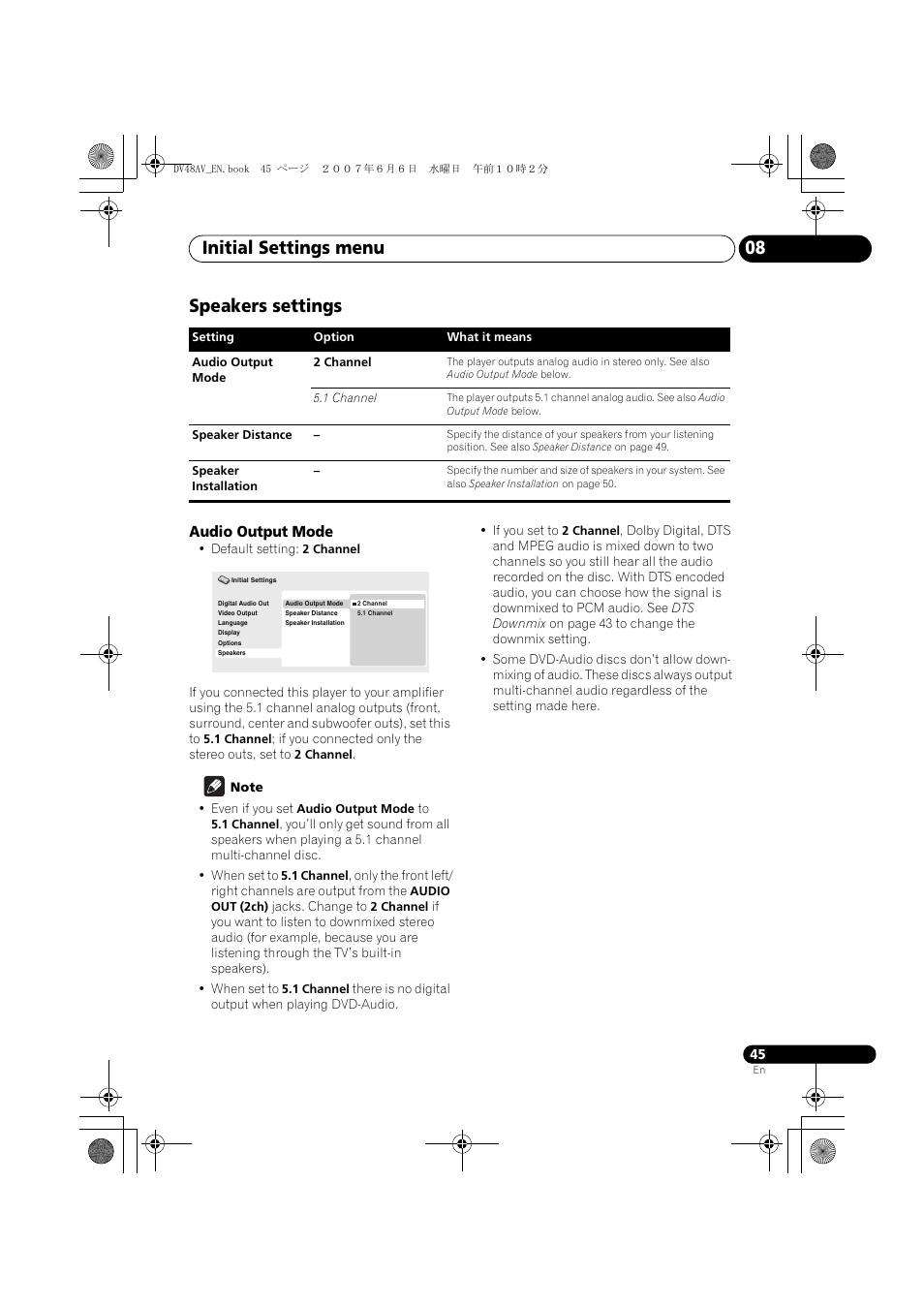 Speakers settings, Initial settings menu 08 | Pioneer Elite DV-48AV User Manual | Page 45 / 63