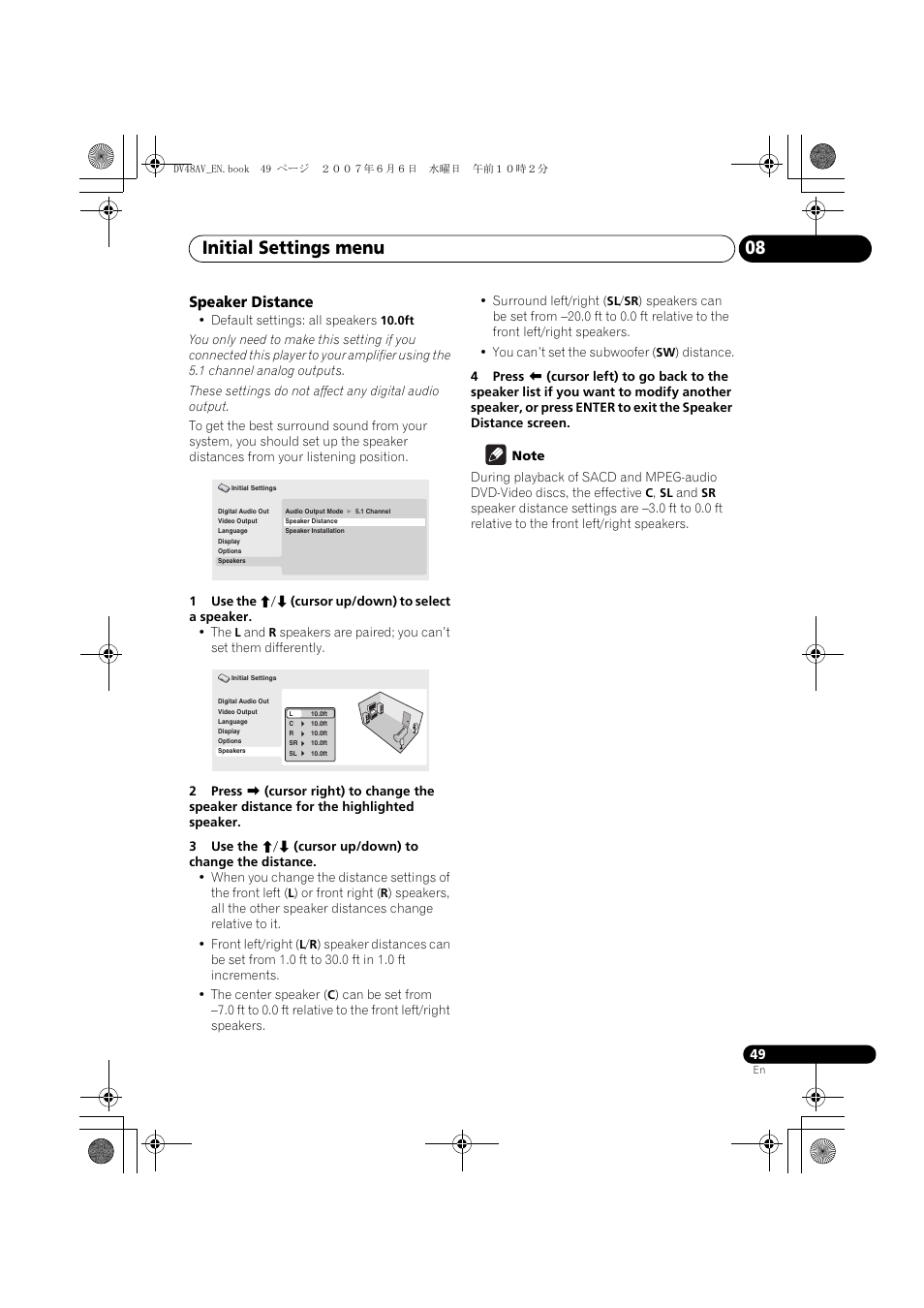 Initial settings menu 08, Speaker distance | Pioneer Elite DV-48AV User Manual | Page 49 / 63