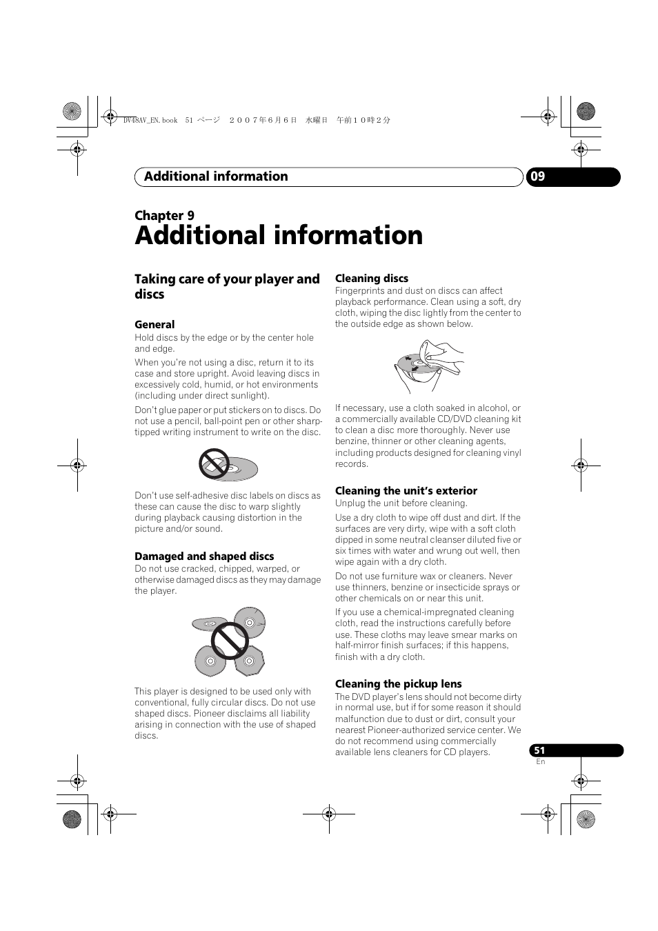 09 additional information, Taking care of your player and discs, Additional information | Additional information 09, Chapter 9 | Pioneer Elite DV-48AV User Manual | Page 51 / 63