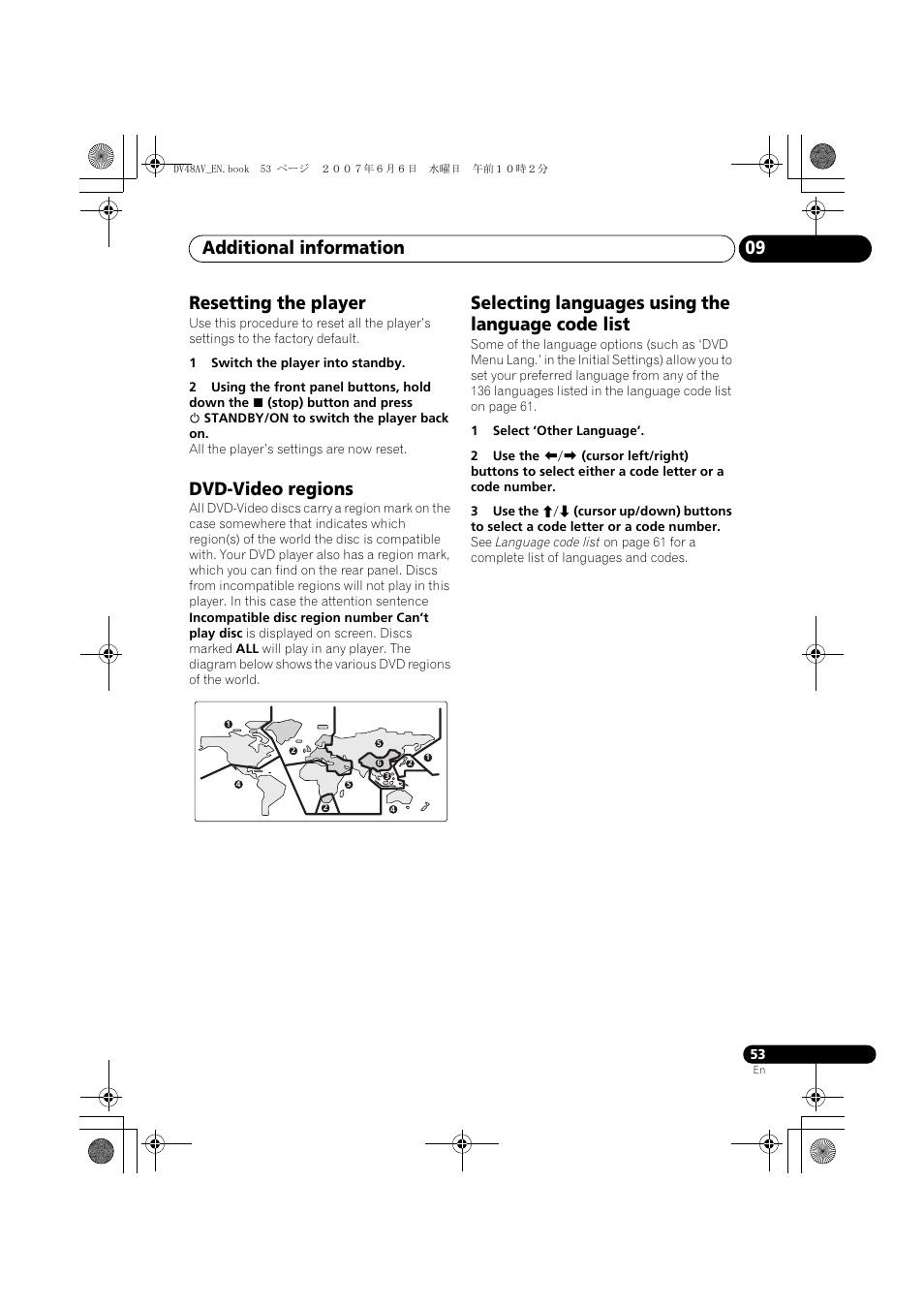 Resetting the player, Dvd-video regions, Selecting languages using the language code list | Additional information 09 | Pioneer Elite DV-48AV User Manual | Page 53 / 63