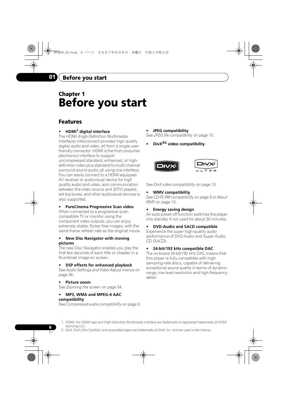 01 before you start, Features, Before you start | Before you start 01, Chapter 1 | Pioneer Elite DV-48AV User Manual | Page 6 / 63