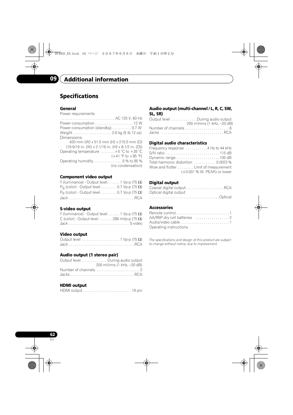 Specifications, Additional information 09 | Pioneer Elite DV-48AV User Manual | Page 62 / 63