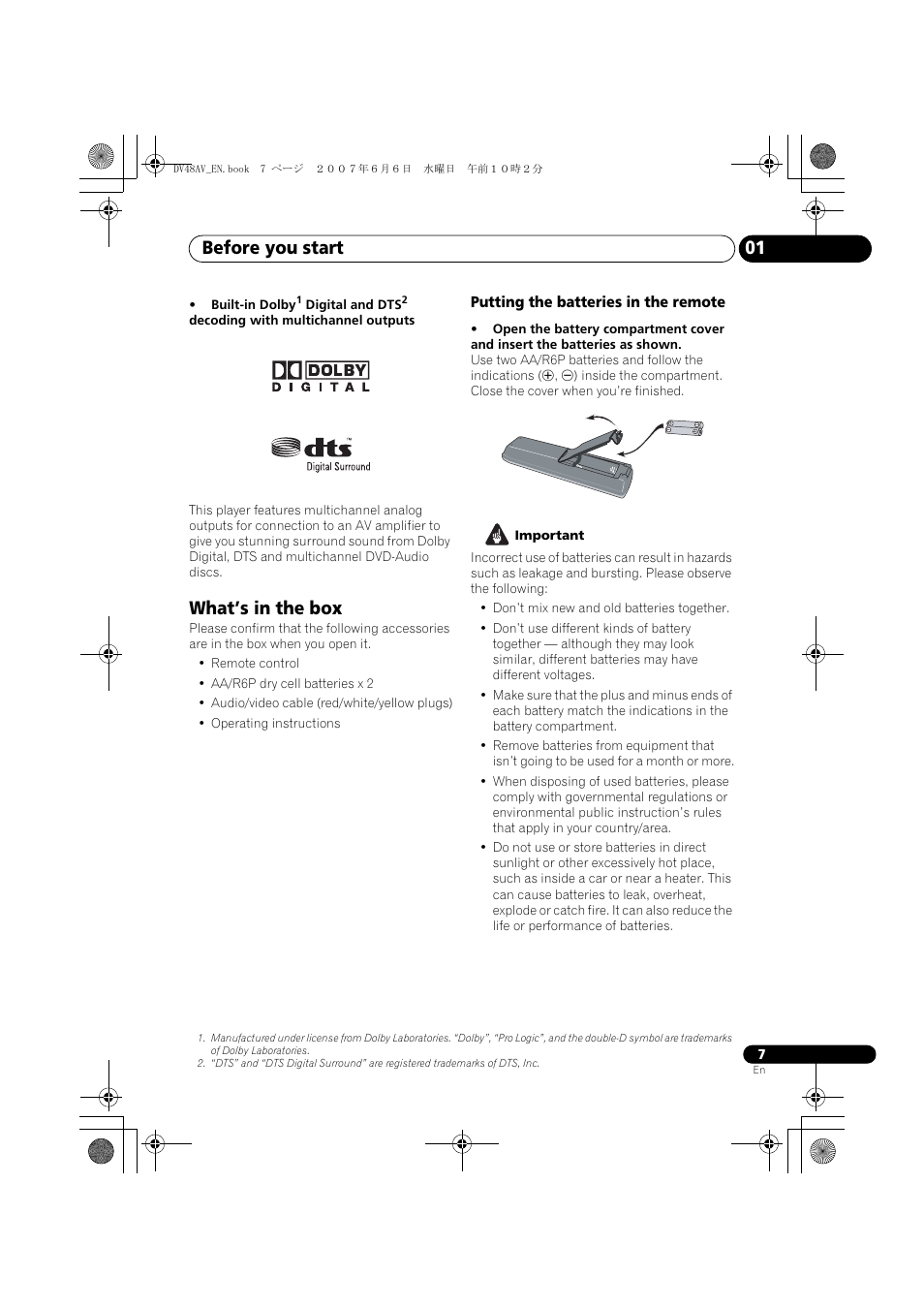 What’s in the box, Before you start 01 | Pioneer Elite DV-48AV User Manual | Page 7 / 63