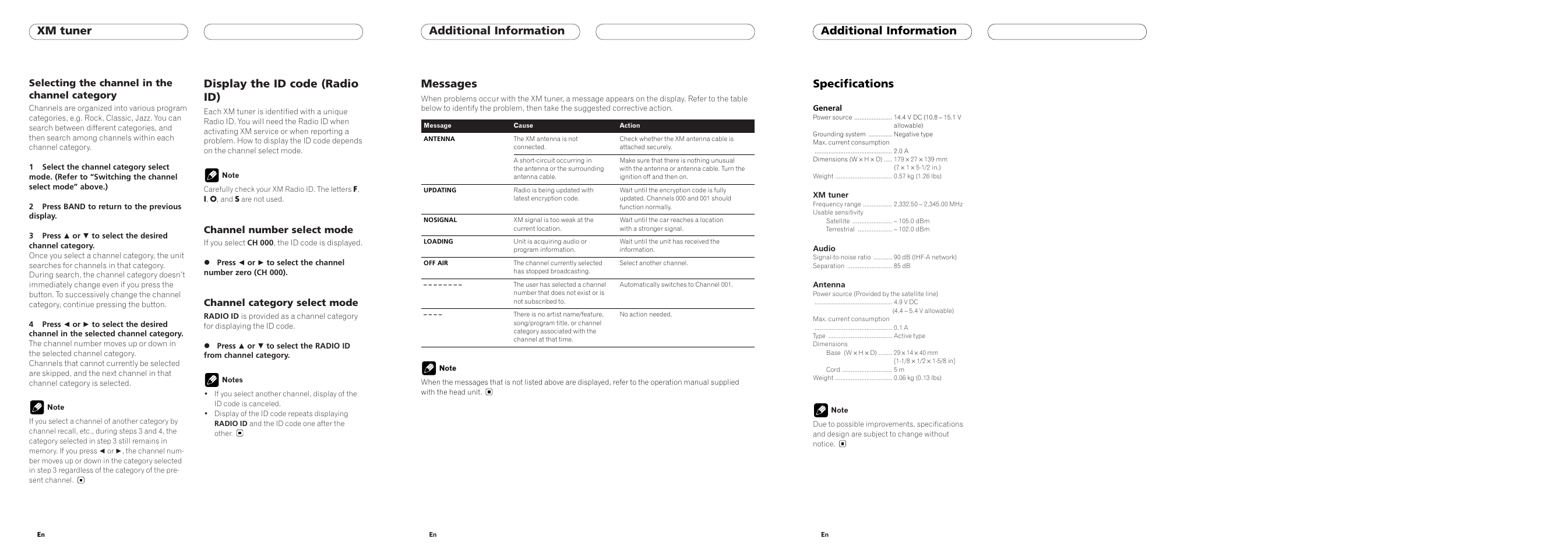 Additional information specifications, Additional information, Display the id code (radio id) | Xm tuner messages, Selecting the channel in the channel category, Channel number select mode, Channel category select mode | Pioneer XM Digital Satellite Data & Audio Receiver GEX-P10XMT User Manual | Page 4 / 4