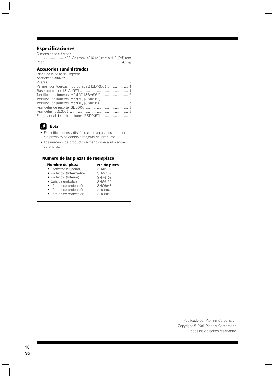 Especificaciones | Pioneer CP-7EX User Manual | Page 10 / 16