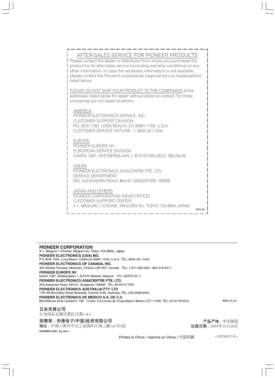 After-sales service for pioneer products | Pioneer CP-7EX User Manual | Page 16 / 16