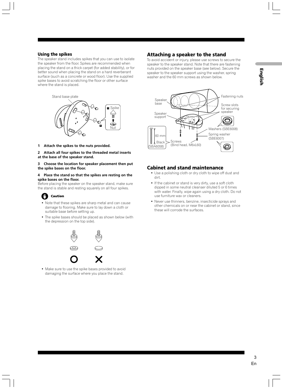 Attaching a speaker to the stand, Cabinet and stand maintenance | Pioneer CP-7EX User Manual | Page 3 / 16