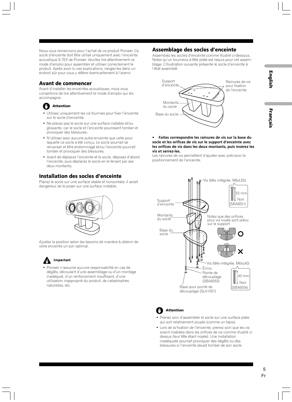 Avant de commencer, Installation des socles d’enceinte, Assemblage des socles d’enceinte | Pioneer CP-7EX User Manual | Page 5 / 16