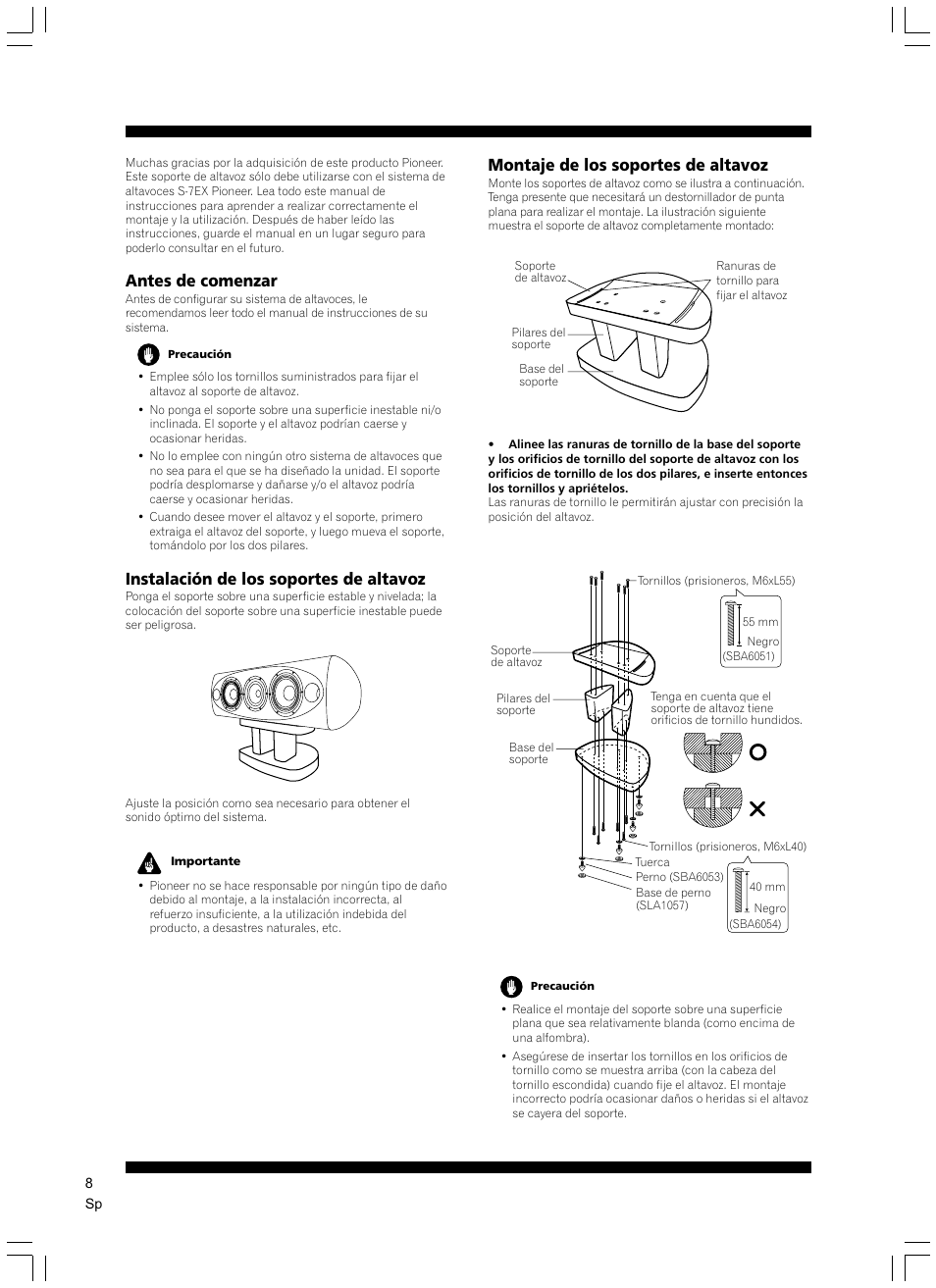 Antes de comenzar, Instalación de los soportes de altavoz, Montaje de los soportes de altavoz | Pioneer CP-7EX User Manual | Page 8 / 16