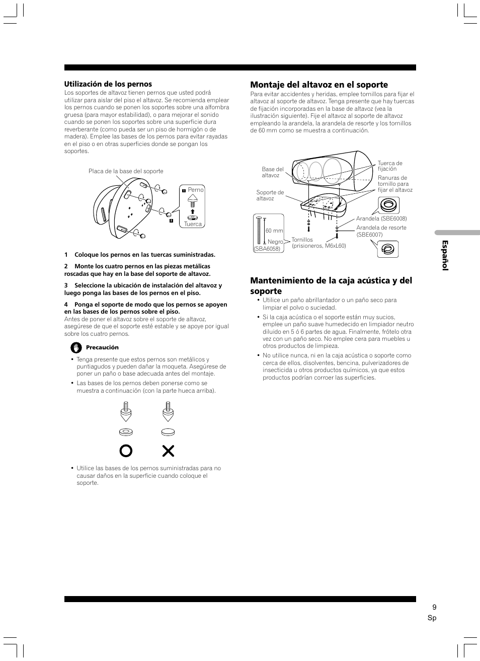 Montaje del altavoz en el soporte, Mantenimiento de la caja acústica y del soporte | Pioneer CP-7EX User Manual | Page 9 / 16