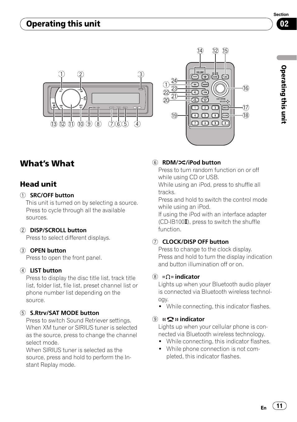 Operating this unit what, S what 11, Head unit 11 | What ’s what, Operating this unit | Pioneer DEH-P7000BT User Manual | Page 11 / 77