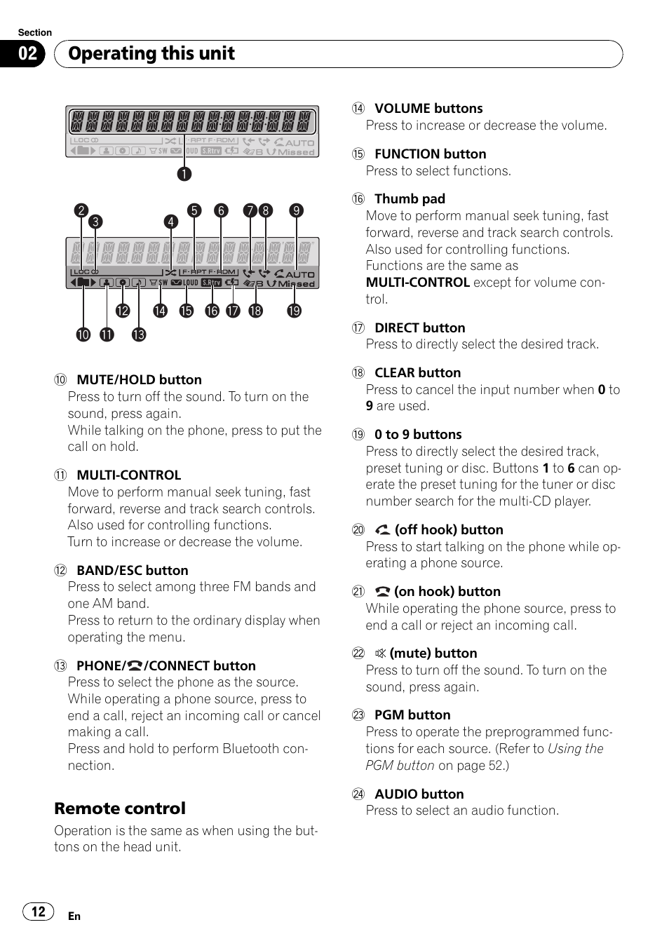 Remote control 12, Operating this unit | Pioneer DEH-P7000BT User Manual | Page 12 / 77