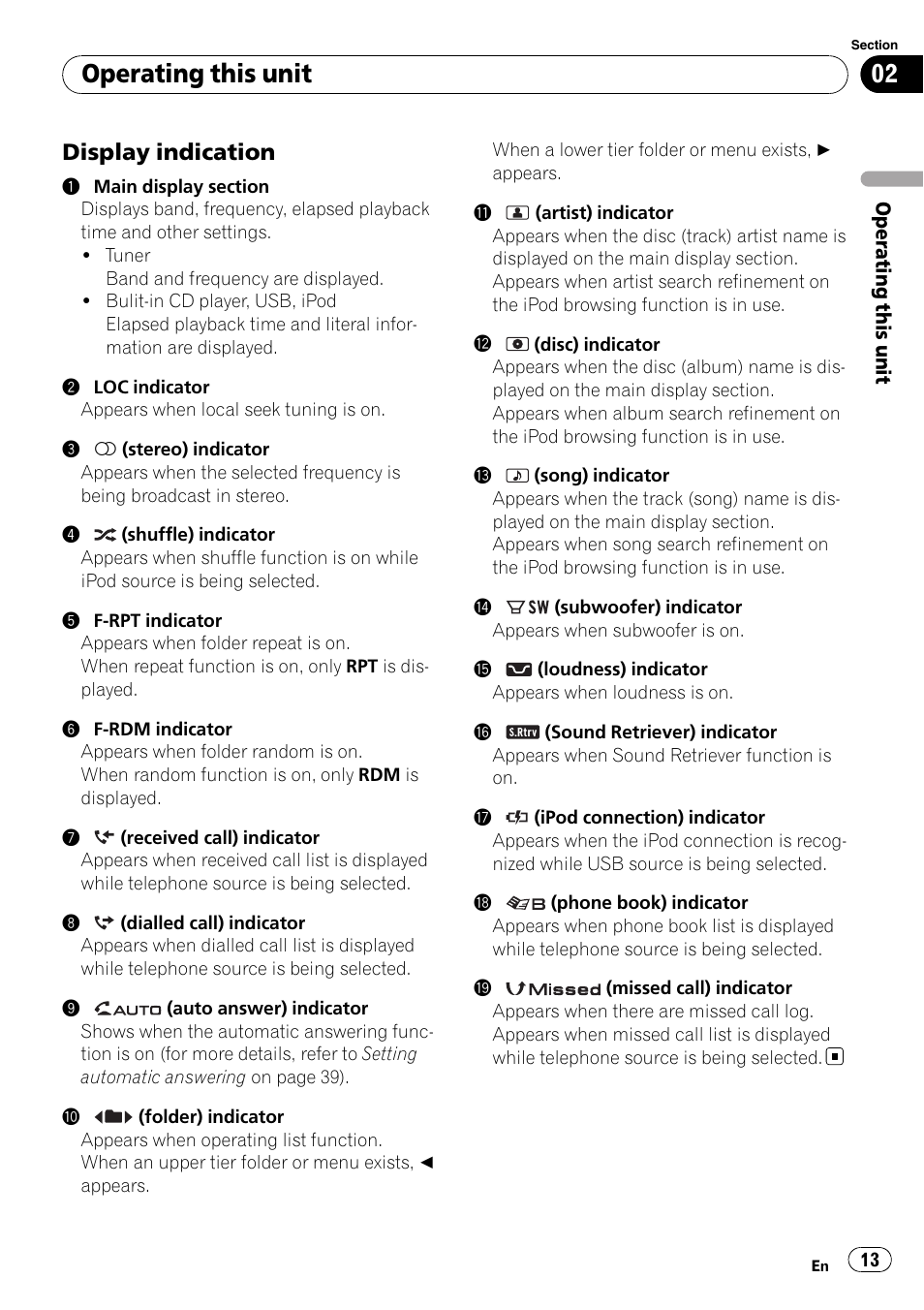 Display indication 13, Operating this unit, Display indication | Pioneer DEH-P7000BT User Manual | Page 13 / 77