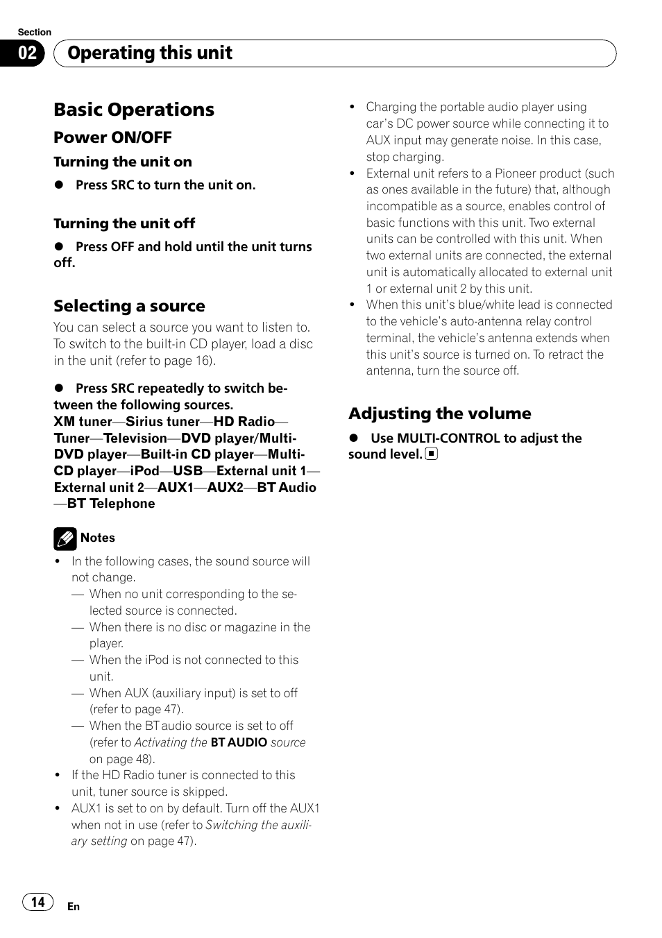Basic operations, Power on/off 14, Selecting a source 14 | Adjusting the volume 14, Operating this unit, Power on/off, Selecting a source, Adjusting the volume | Pioneer DEH-P7000BT User Manual | Page 14 / 77