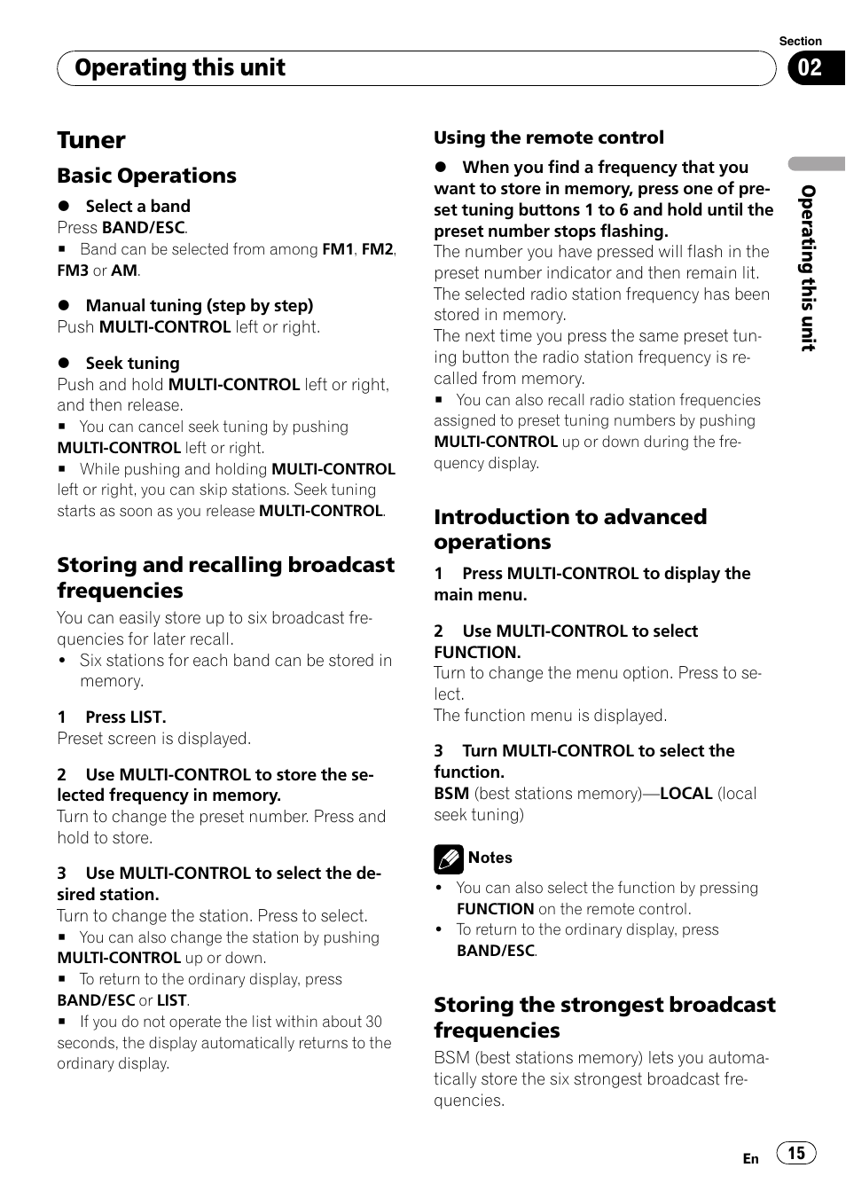 Tuner, Basic operations 15, Storing and recalling broadcast | Frequencies, Introduction to advanced, Operations, Storing the strongest broadcast, Operating this unit, Basic operations, Storing and recalling broadcast frequencies | Pioneer DEH-P7000BT User Manual | Page 15 / 77
