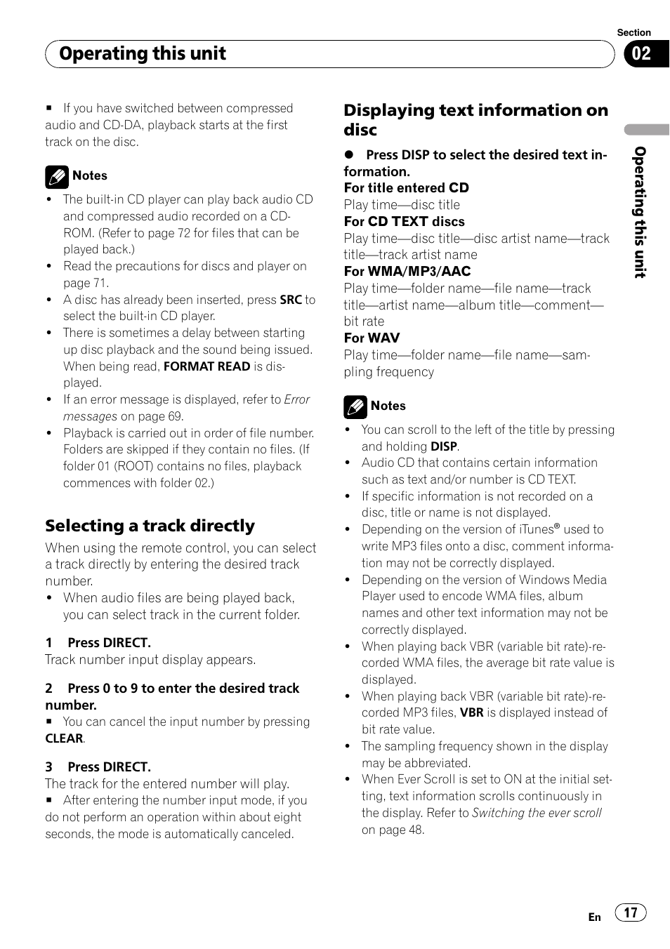 Selecting a track directly 17, Displaying text information on disc 17, Operating this unit | Selecting a track directly, Displaying text information on disc | Pioneer DEH-P7000BT User Manual | Page 17 / 77