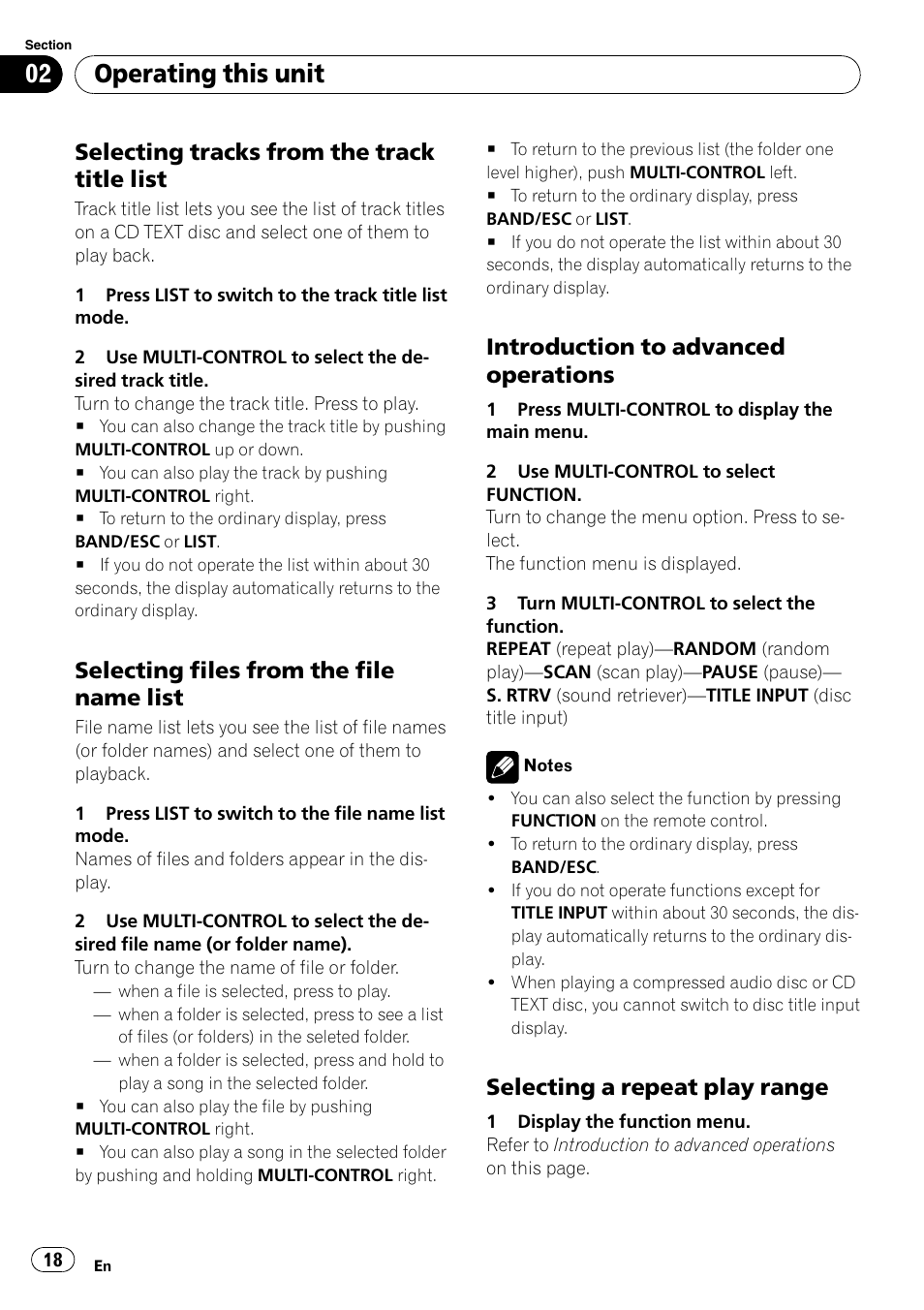 Selecting tracks from the track title, List, Selecting files from the file name | Introduction to advanced, Operations, Selecting a repeat play range 18, Operating this unit, Selecting tracks from the track title list, Selecting files from the file name list, Introduction to advanced operations | Pioneer DEH-P7000BT User Manual | Page 18 / 77