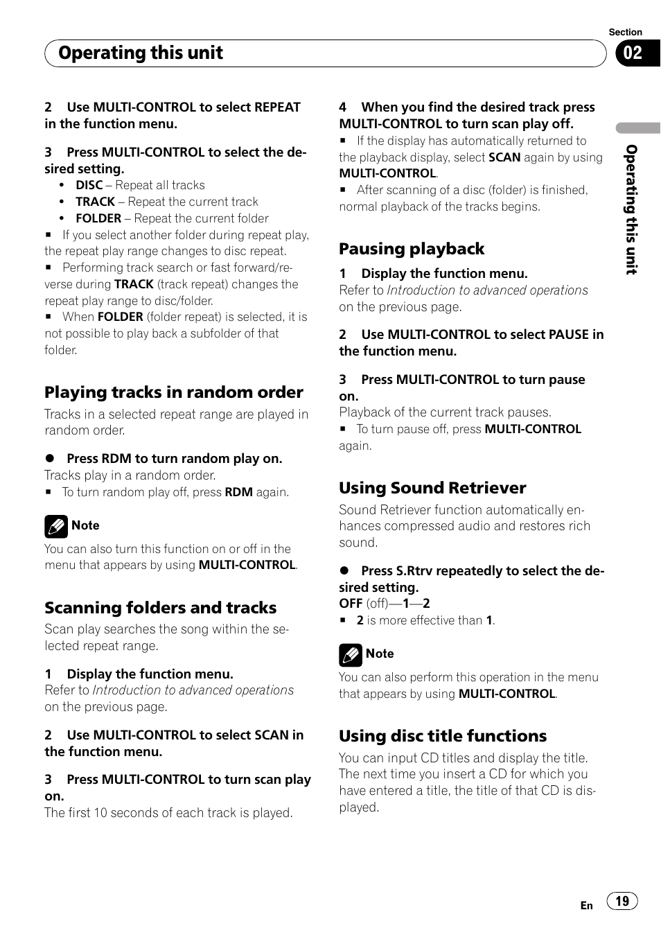Playing tracks in random order 19, Scanning folders and tracks 19, Pausing playback 19 | Using sound retriever 19, Using disc title functions 19, Operating this unit, Playing tracks in random order, Scanning folders and tracks, Pausing playback, Using sound retriever | Pioneer DEH-P7000BT User Manual | Page 19 / 77