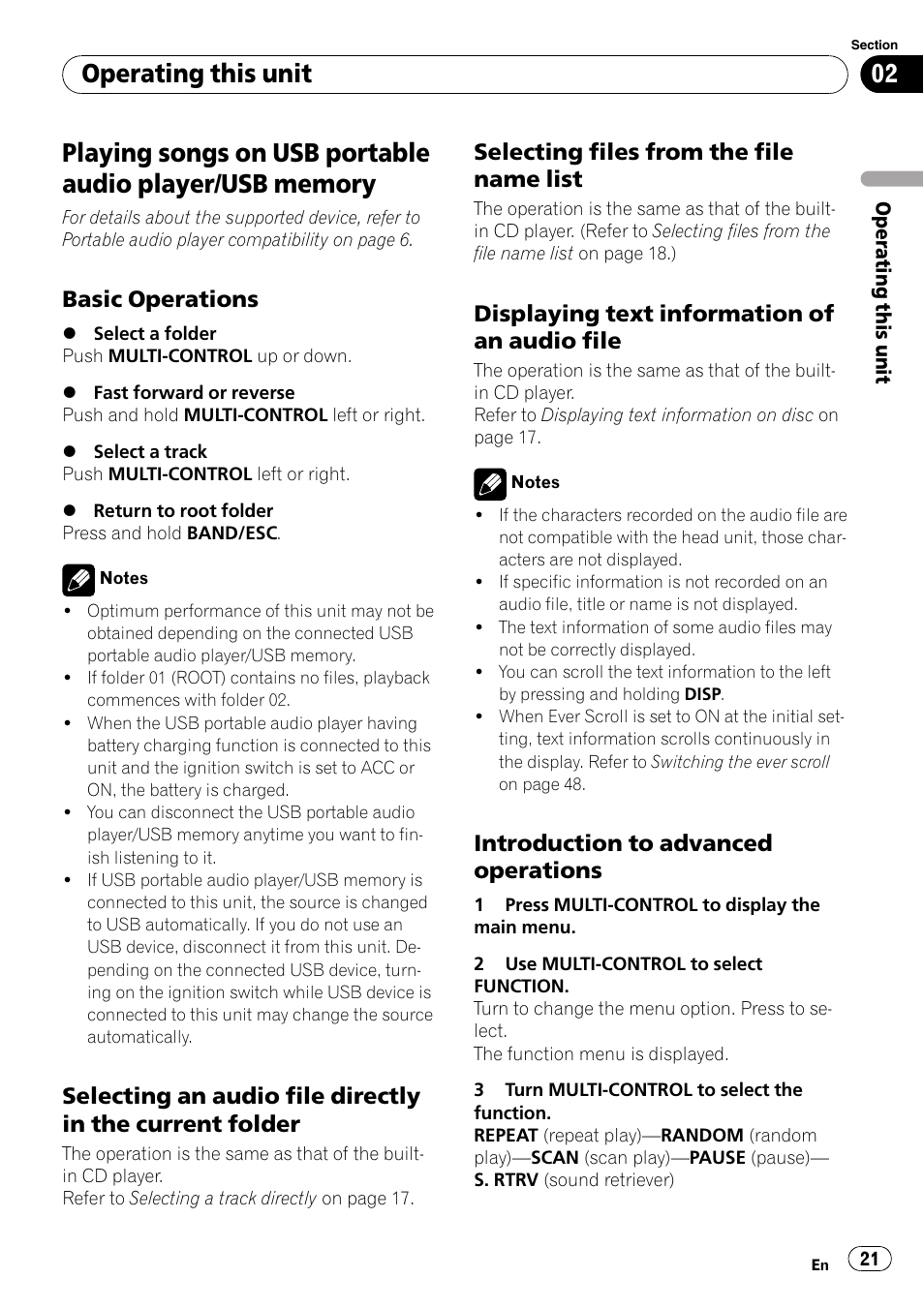 Playing songs on usb portable audio player, Usb memory, Basic operations 21 | Selecting an audio file directly in the, Current folder, Selecting files from the file name, List, Displaying text information of an audio, File, Introduction to advanced | Pioneer DEH-P7000BT User Manual | Page 21 / 77