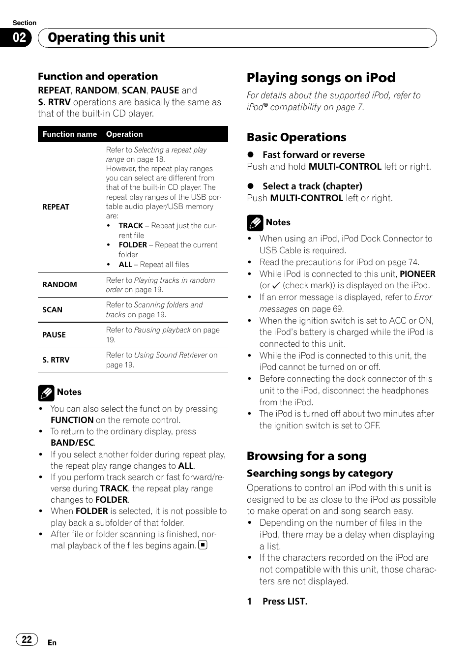 Playing songs on ipod, Basic operations 22, Browsing for a song 22 | Operating this unit, Basic operations, Browsing for a song | Pioneer DEH-P7000BT User Manual | Page 22 / 77