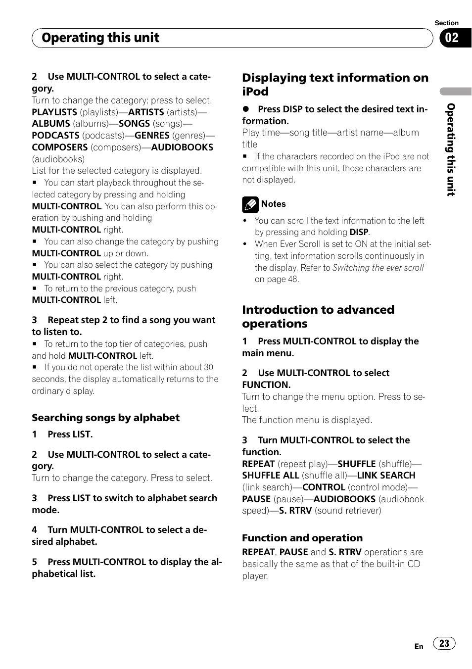 Displaying text information on, Ipod, Introduction to advanced | Operations, Operating this unit, Displaying text information on ipod, Introduction to advanced operations | Pioneer DEH-P7000BT User Manual | Page 23 / 77