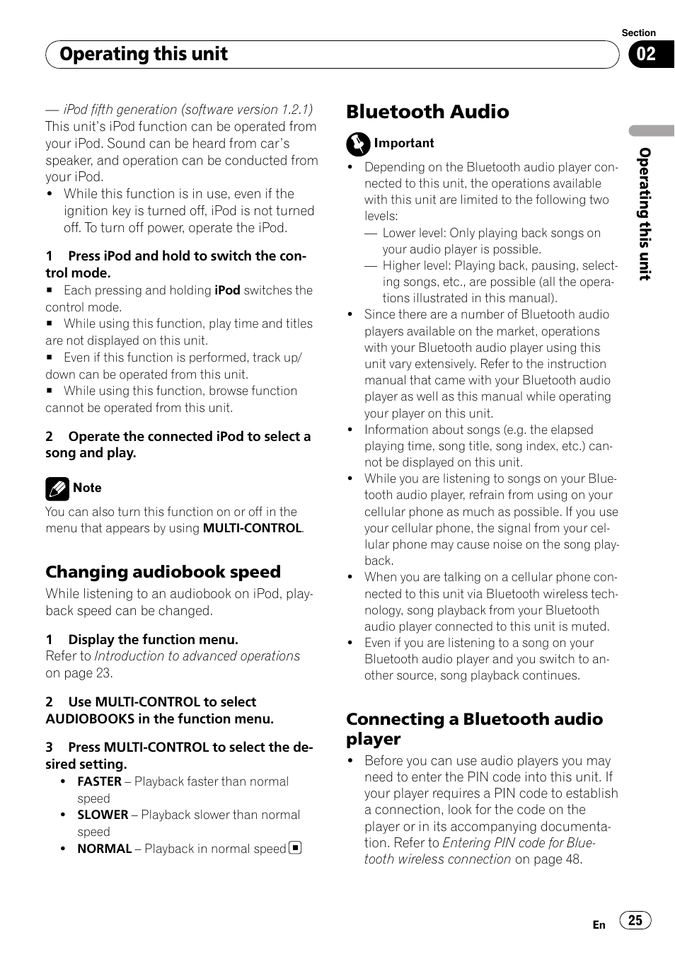 Changing audiobook speed 25, Bluetooth audio, Connecting a bluetooth audio | Player, Operating this unit, Changing audiobook speed, Connecting a bluetooth audio player | Pioneer DEH-P7000BT User Manual | Page 25 / 77