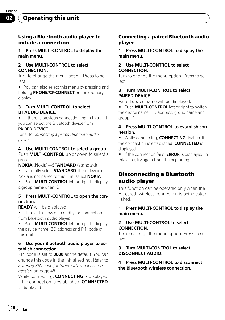 Disconnecting a bluetooth audio, Player, Operating this unit | Disconnecting a bluetooth audio player | Pioneer DEH-P7000BT User Manual | Page 26 / 77