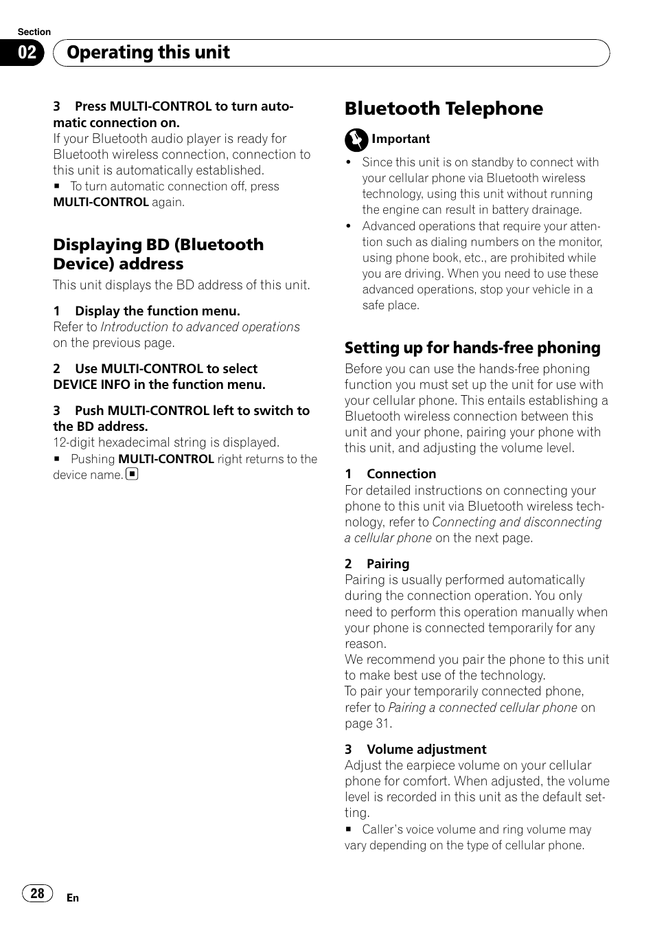 Displaying bd (bluetooth device), Address, Bluetooth telephone | Setting up for hands-free phoning 28, Operating this unit, Displaying bd (bluetooth device) address, Setting up for hands-free phoning | Pioneer DEH-P7000BT User Manual | Page 28 / 77