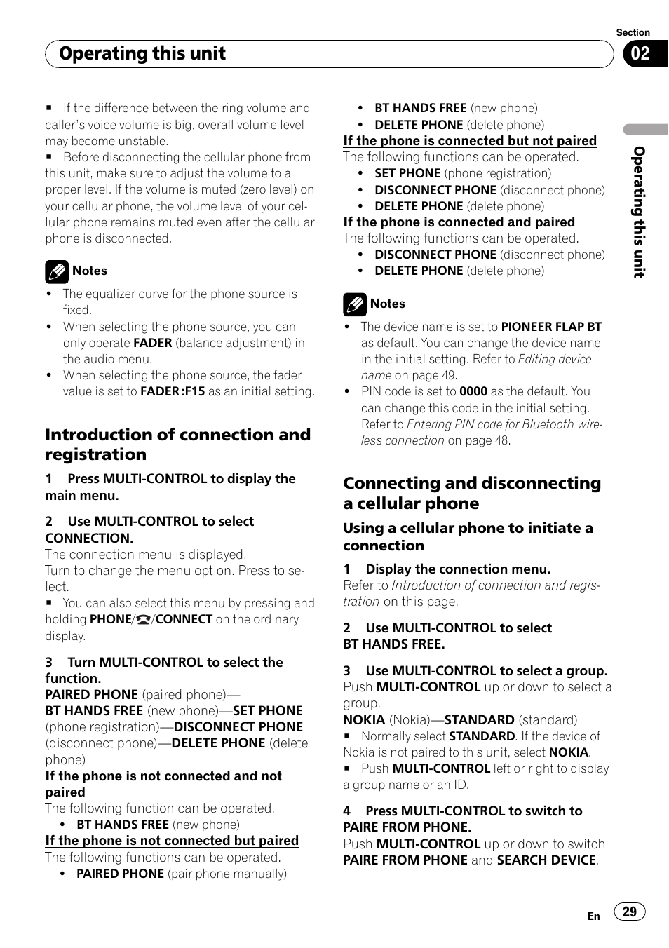 Introduction of connection and, Registration, Connecting and disconnecting a | Cellular phone, Operating this unit, Introduction of connection and registration, Connecting and disconnecting a cellular phone | Pioneer DEH-P7000BT User Manual | Page 29 / 77