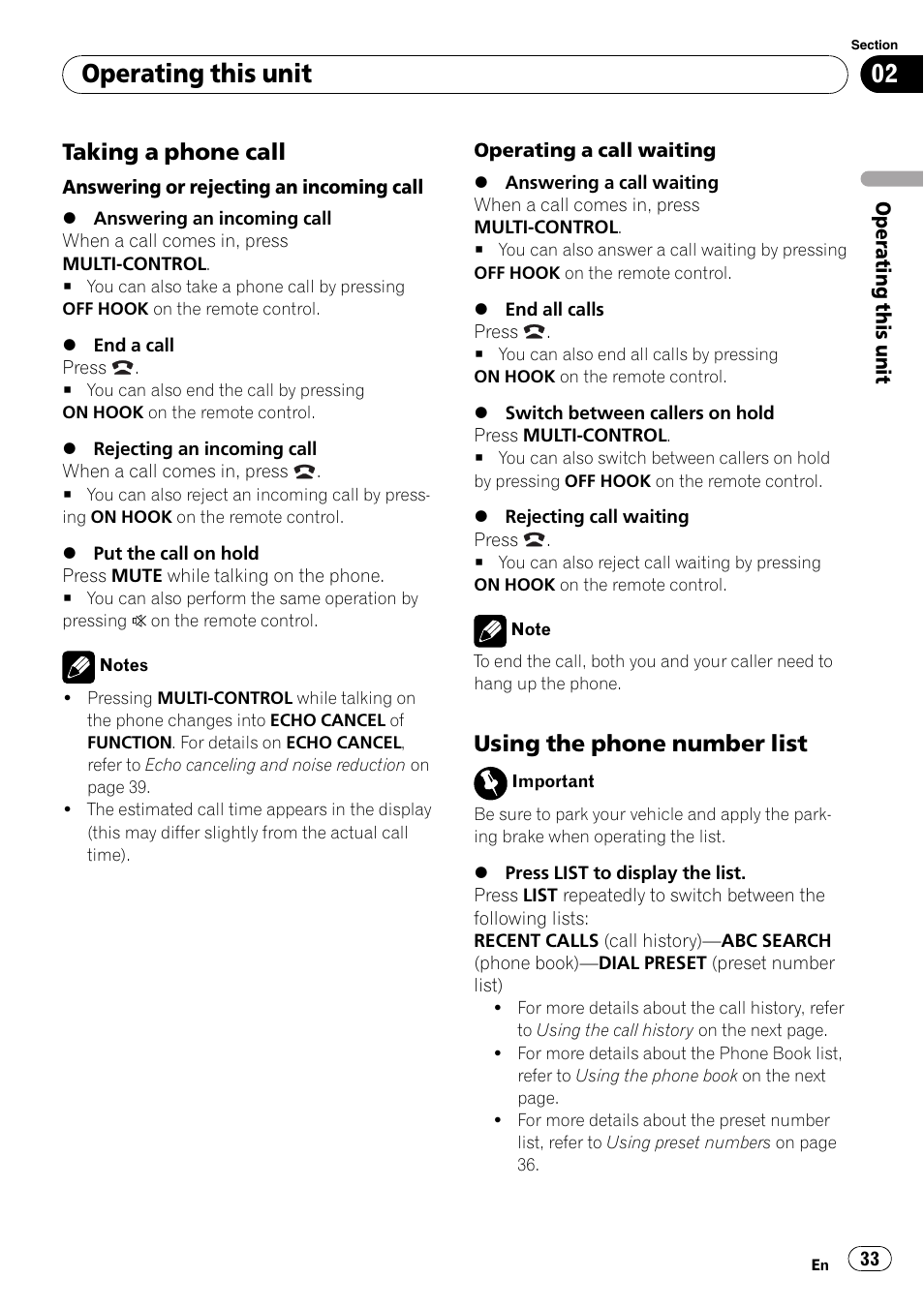 Taking a phone call 33, Using the phone number list 33, Operating this unit | Taking a phone call, Using the phone number list | Pioneer DEH-P7000BT User Manual | Page 33 / 77