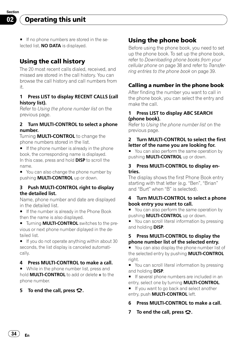 Using the call history 34, Using the phone book 34, Operating this unit | Using the call history, Using the phone book | Pioneer DEH-P7000BT User Manual | Page 34 / 77